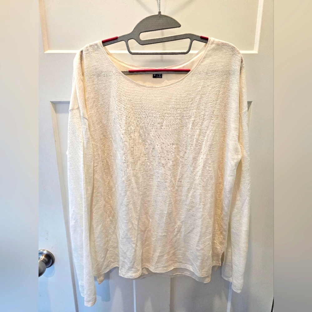 Vince 100% Linen Long Sleeve Top with Silk Trim Ivory Cream Size M